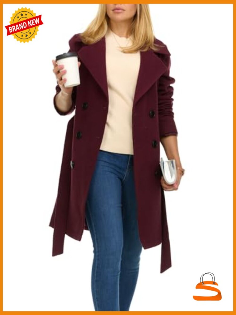 Double-Breasted Faux Wool Trench Coat Structured Fit - Picture 4 of 7